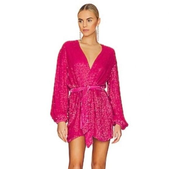 Karina Grimaldi Dresses & Skirts - Karina Grimaldi Velvet Trim Party Chiffon Beaded Mini Wrap Robe Dress in Pink